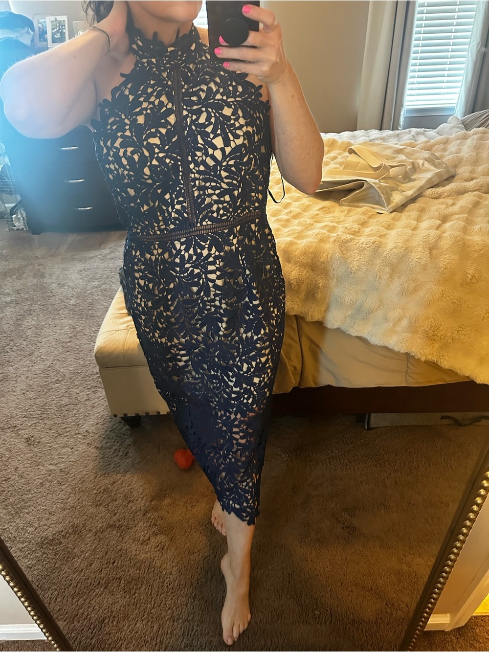 Lulu's Navy Floral Lace High-Neck Midi Dress